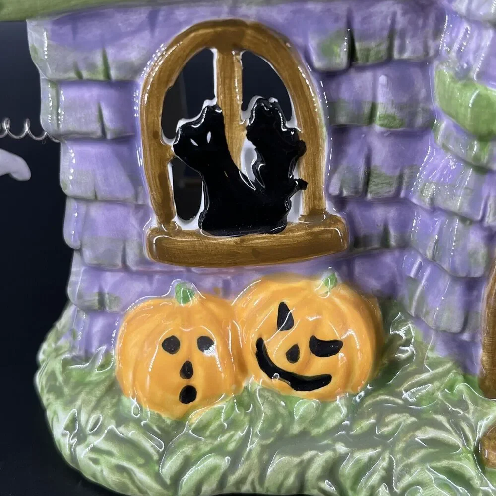 Vintage Ceramic Haunted House Candle Holder Ghost Bat Jack-O-Lanterns Halloween - Picture 3 of 13